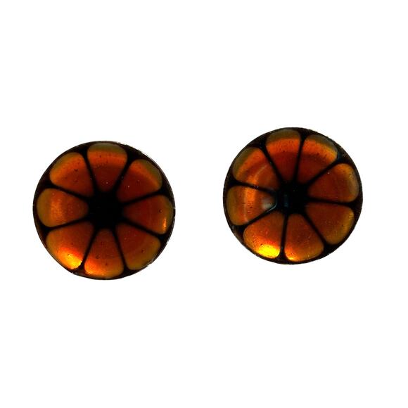 Vintage screwback earrings enamel finish on silvertone unique Boho orange black - Picture 2 of 6